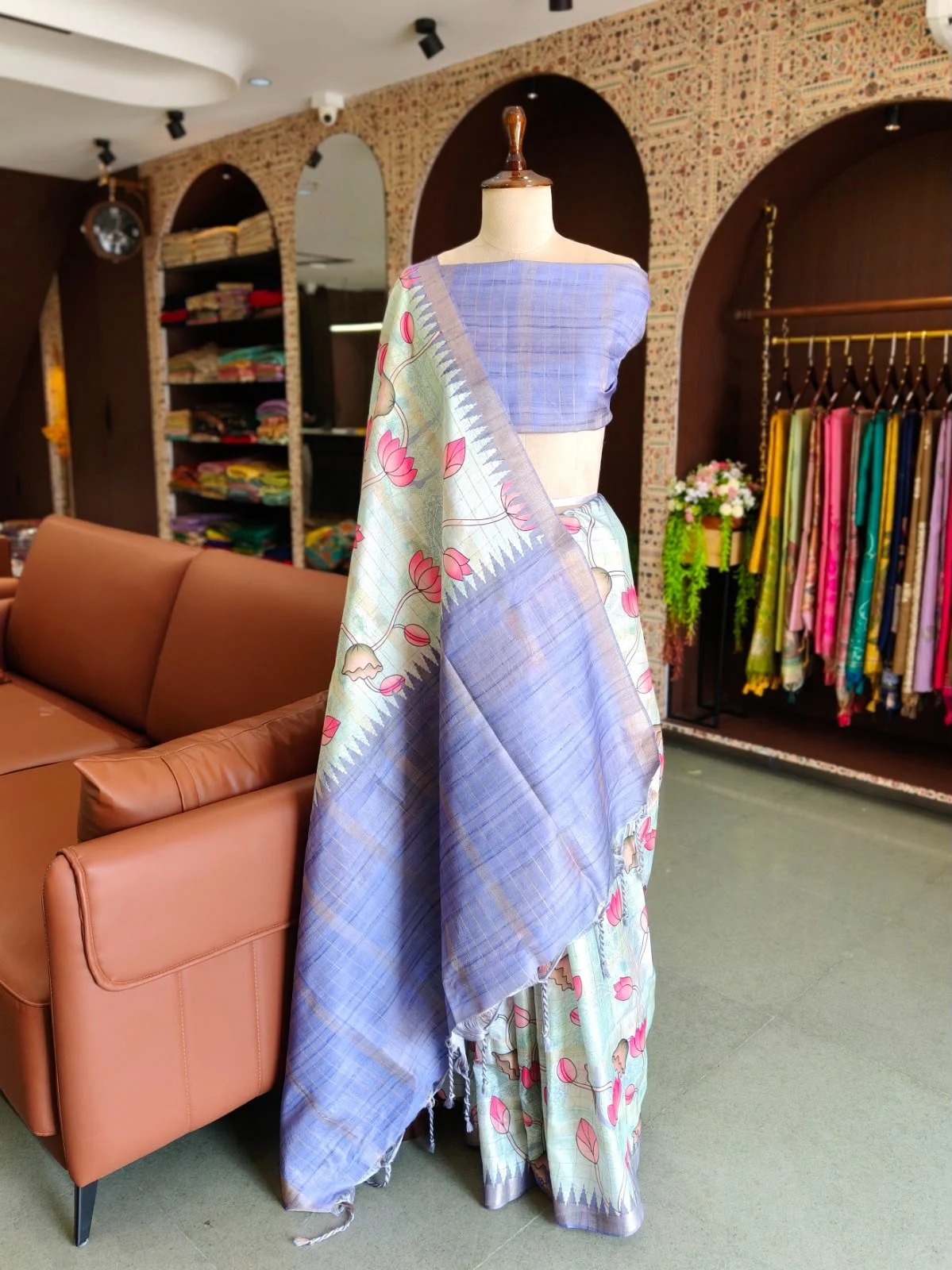 Pichwai Lotus Print Semi Tussar Saree